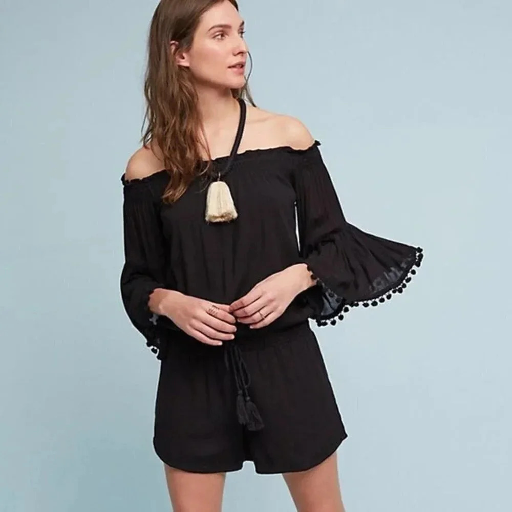 Anthropologie Lilka Pompom Sleeve  Off Shoulder Black Boho Romper